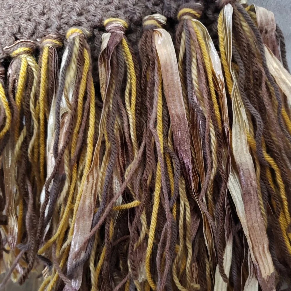 NEW Hand‎ Knitted Brown Gold Boho Cowl Scarf Fringe Eyelet Boho Cottage Earthy